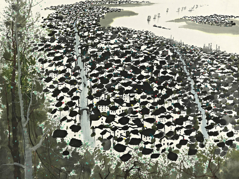  吴冠中绘画作品，写意水墨画，近现代水墨画，写意江南古镇水墨画 