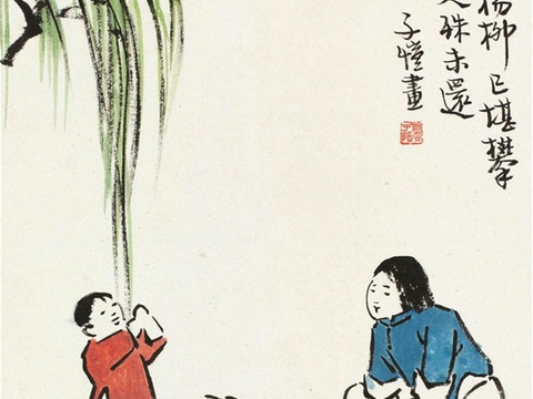  丰子恺水墨绘画作品，写意水墨画，水墨风漫画52 