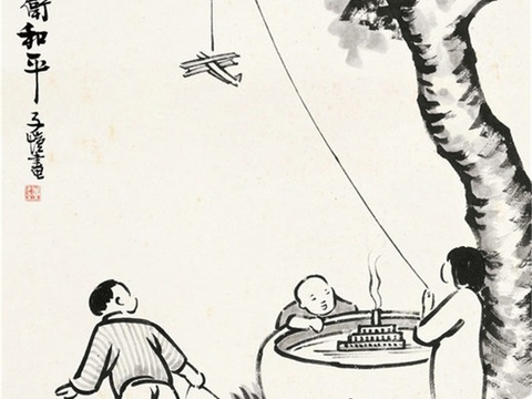  丰子恺水墨绘画作品，写意水墨画，水墨风漫画6 