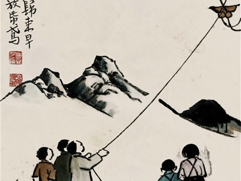  丰子恺水墨绘画作品，写意水墨画，水墨风漫画113 