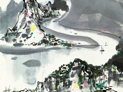  吴冠中绘画作品，写意水墨画，近现代水墨画，写意江南古镇水墨画 