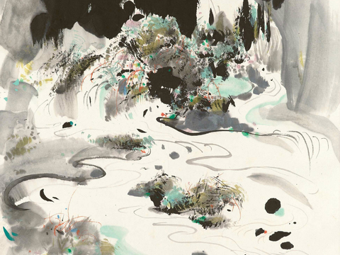  吴冠中绘画作品，写意水墨画，近现代水墨画，写意江南古镇水墨画 