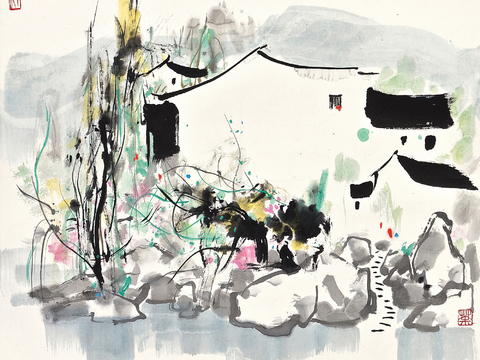  吴冠中绘画作品，写意水墨画，近现代水墨画，写意江南古镇水墨画 
