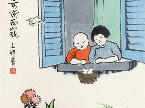  丰子恺水墨绘画作品，写意水墨画，水墨风漫画79 