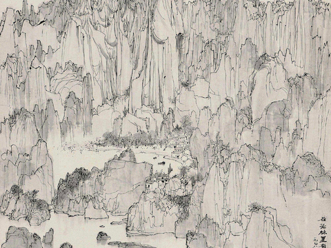  吴冠中绘画作品，写意水墨画，近现代水墨画，写意江南古镇水墨画 