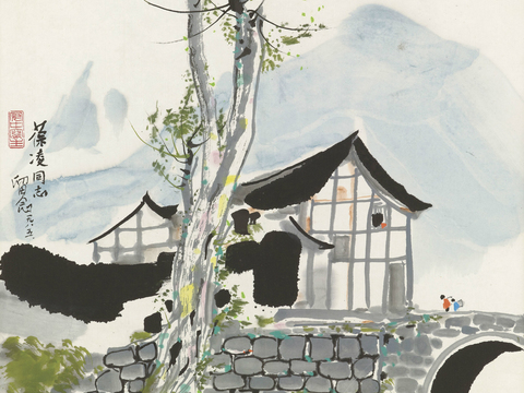  吴冠中绘画作品，写意水墨画，近现代水墨画，写意江南古镇水墨画 