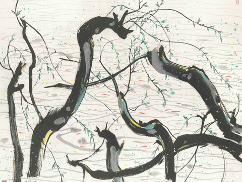  吴冠中绘画作品，写意水墨画，近现代水墨画，写意江南古镇水墨画 