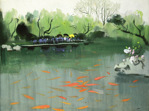  吴冠中绘画作品，写意水墨画，近现代水墨画，写意江南古镇水墨画 