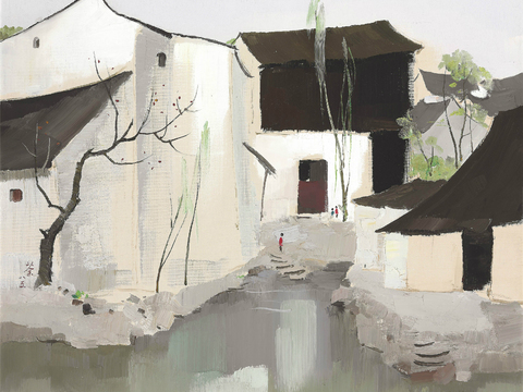 吴冠中绘画作品，写意水墨画，近现代水墨画，写意江南古镇水墨画 