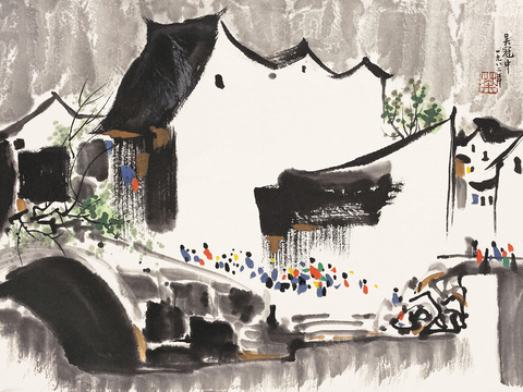  吴冠中绘画作品，写意水墨画，近现代水墨画，写意江南古镇水墨画 