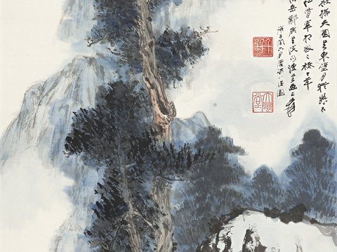 张大千绘画作品，中国近现代水墨画，写意水墨画松树