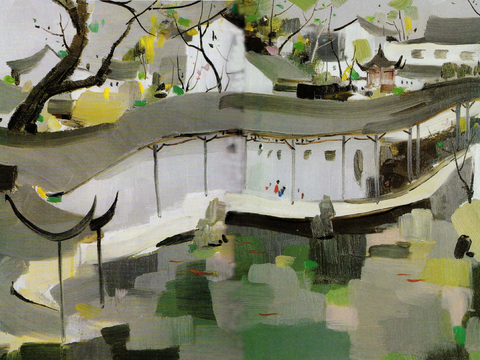  吴冠中绘画作品，写意水墨画，近现代水墨画，写意江南古镇水墨画 