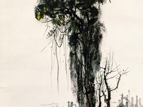  吴冠中绘画作品，写意水墨画，近现代水墨画，写意江南古镇水墨画 