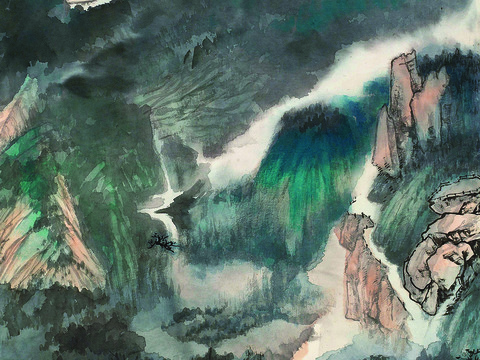 张大千绘画作品，中国近现代水墨画，写意水墨画丙午年作 益都游