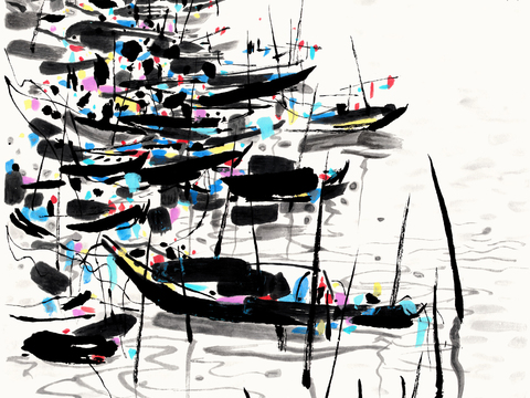  吴冠中绘画作品，写意水墨画，近现代水墨画，写意江南古镇水墨画 