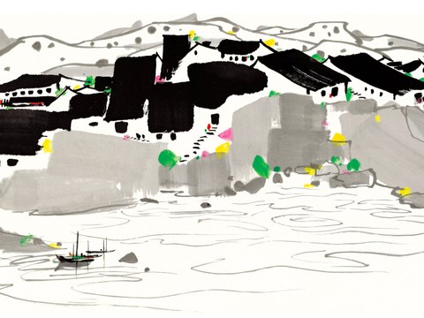  吴冠中绘画作品，写意水墨画，近现代水墨画，写意江南古镇水墨画 