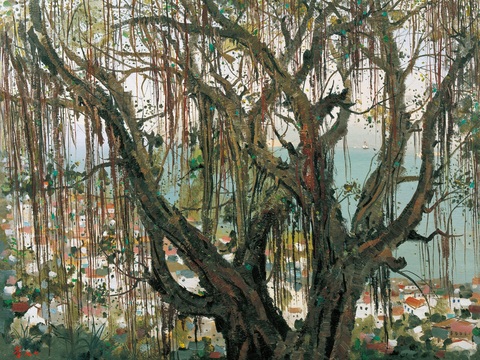 吴冠中绘画作品，写意水墨画，近现代水墨画，写意江南古镇水墨画