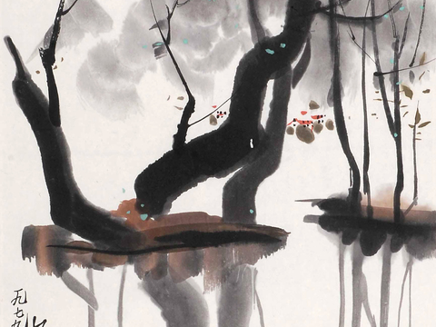 吴冠中绘画作品，写意水墨画，近现代水墨画，写意江南古镇水墨画