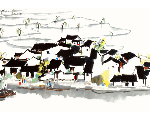 吴冠中绘画作品，写意水墨画，近现代水墨画，写意江南古镇水墨画