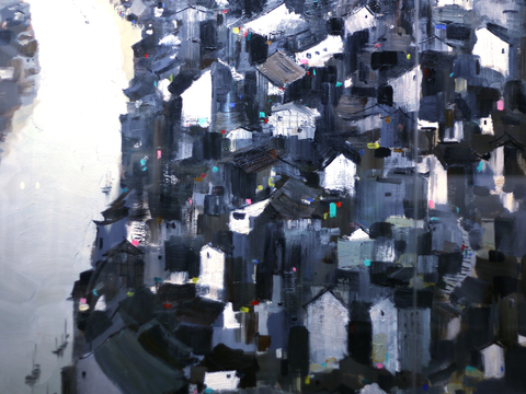  吴冠中绘画作品，写意水墨画，近现代水墨画，写意江南古镇水墨画 