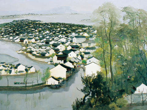  吴冠中绘画作品，写意水墨画，近现代水墨画，写意江南古镇水墨画 