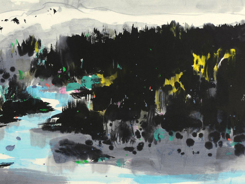  吴冠中绘画作品，写意水墨画，近现代水墨画，写意江南古镇水墨画 