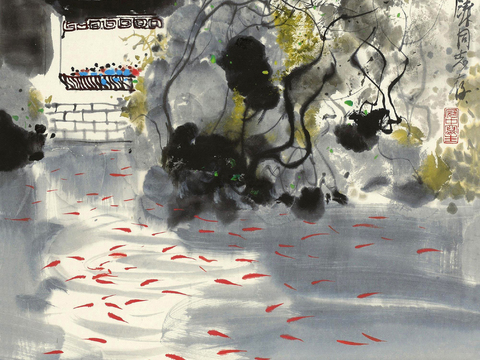  吴冠中绘画作品，写意水墨画，近现代水墨画，写意江南古镇水墨画 