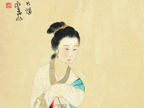 张大千绘画作品，中国近现代水墨画，写意水墨画红荷仕女纸本