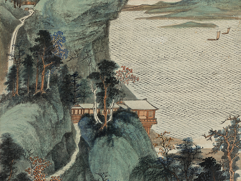 张大千绘画作品，中国近现代水墨画，写意水墨画江提晚景