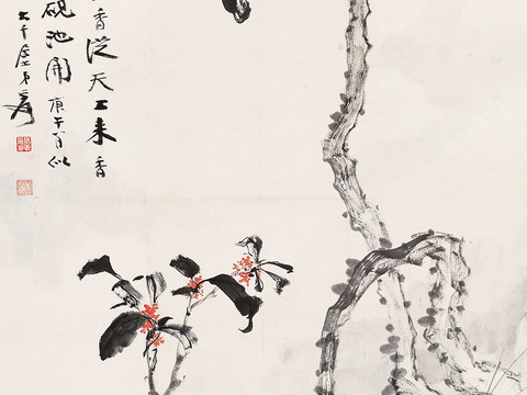 张大千绘画作品，中国近现代水墨画，写意水墨画庚午年作 月桂飘