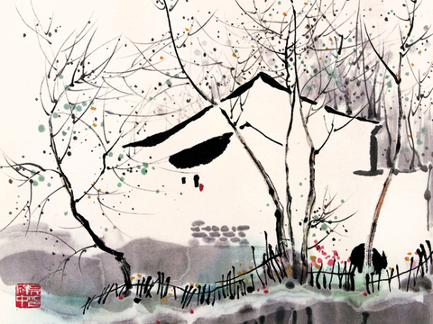  吴冠中绘画作品，写意水墨画，近现代水墨画，写意江南古镇水墨画 