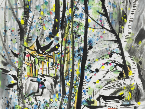 吴冠中绘画作品，写意水墨画，近现代水墨画，写意江南古镇水墨画