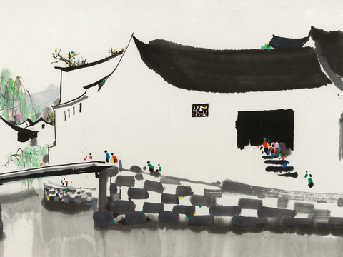  吴冠中绘画作品，写意水墨画，近现代水墨画，写意江南古镇水墨画 