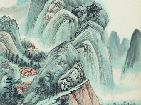 张大千绘画作品，中国近现代水墨画，写意水墨画幽树图纸本