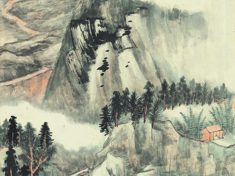 张大千绘画作品，中国近现代水墨画，写意水墨画急流行舟图