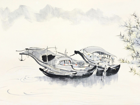 吴冠中绘画作品，写意水墨画，近现代水墨画，写意江南古镇水墨画