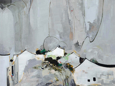  吴冠中绘画作品，写意水墨画，近现代水墨画，写意江南古镇水墨画 