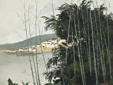  吴冠中绘画作品，写意水墨画，近现代水墨画，写意江南古镇水墨画 