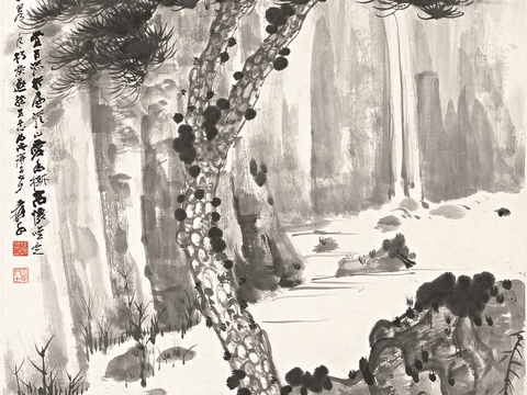 张大千绘画作品，中国近现代水墨画，写意水墨画策丈高士