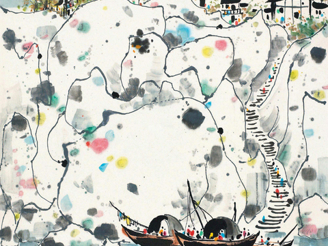  吴冠中绘画作品，写意水墨画，近现代水墨画，写意江南古镇水墨画 