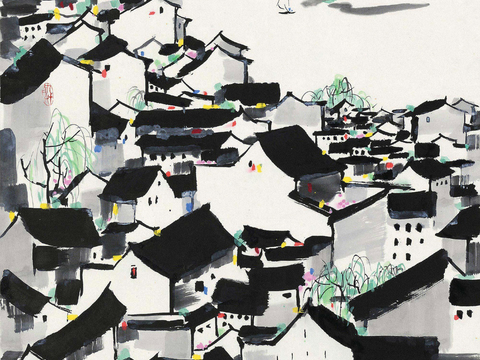  吴冠中绘画作品，写意水墨画，近现代水墨画，写意江南古镇水墨画 