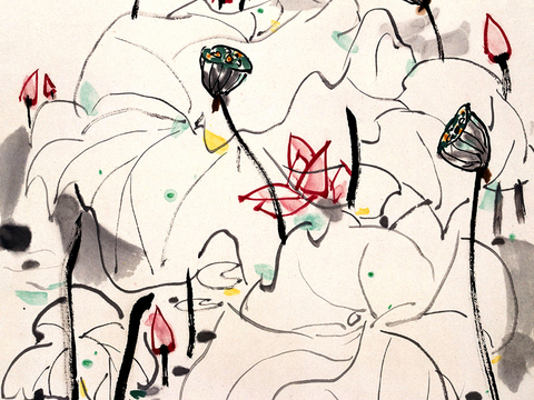  吴冠中绘画作品，写意水墨画，近现代水墨画，写意江南古镇水墨画 