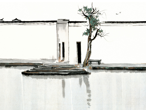 吴冠中绘画作品，写意水墨画，近现代水墨画，写意江南古镇水墨画