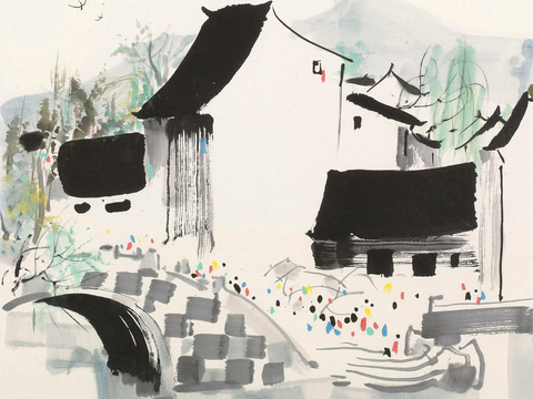 吴冠中绘画作品，写意水墨画，近现代水墨画，写意江南古镇水墨画