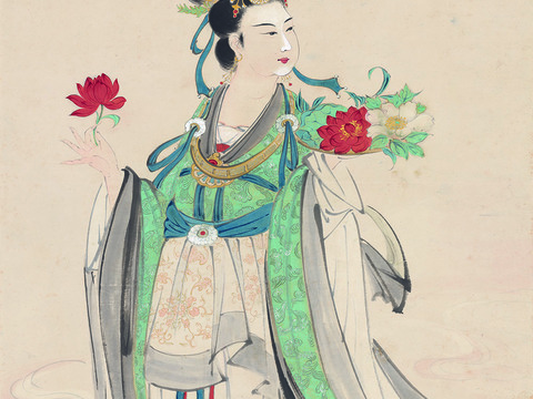 张大千绘画作品，中国近现代水墨画，写意水墨画仿唐人壁画像纸本