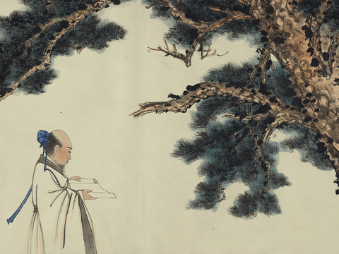 张大千绘画作品，中国近现代水墨画，写意水墨画松下行吟图