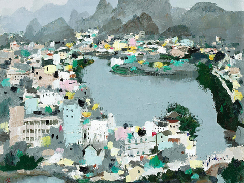  吴冠中绘画作品，写意水墨画，近现代水墨画，写意江南古镇水墨画 