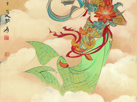 张大千绘画作品，中国近现代水墨画，写意水墨画天女散花纸本