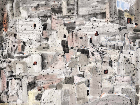  吴冠中绘画作品，写意水墨画，近现代水墨画，写意江南古镇水墨画 