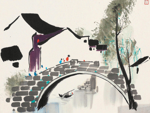 吴冠中绘画作品，写意水墨画，近现代水墨画，写意江南古镇水墨画